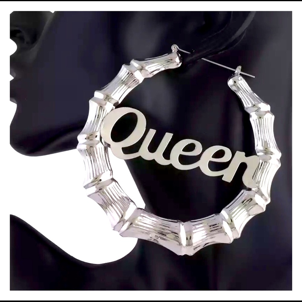 QUEEN SILVER HOOP WOMENS HIP HOP EARRINGS JEWELRY